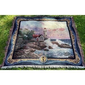 Thomas Kinkade Throw Fringe Tapestry Blanket Painter Of Light Lighthouse 55 X 46